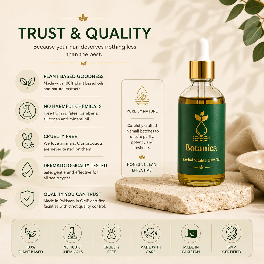 A bottle of Botanica Herbal Vitality Hair Oil displayed on a stone slab with promotional text and icons about plant-based goodness, cruelty-free quality, and GMP certification on a beige background.