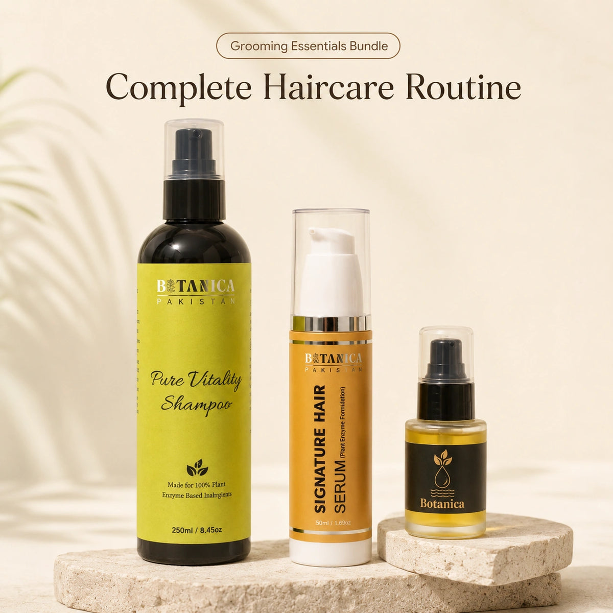 Botanica Grooming Essentials Bundle featuring Hard Water Shampoo, Hair Serum, and Beard Growth Serum.