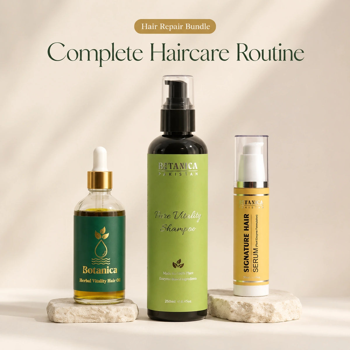 Botanica 3-Step Hair Repair System featuring Herbal Hair Oil, Sulfate-Free Shampoo, and Anti-Frizz Hair Serum.