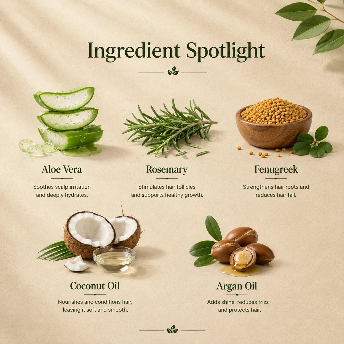 Ingredient Spotlight graphic showing six natural hair care ingredients: Aloe Vera, Rosemary, Fenugreek, Coconut Oil, and Argan Oil, each illustrated with fresh ingredients on a beige textured background.