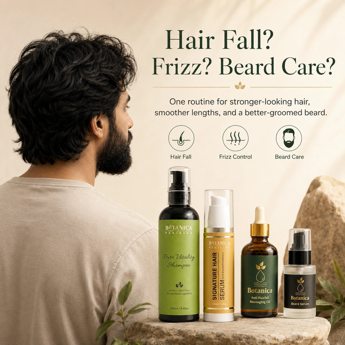Men's daily hair care and anti-frizz grooming routine for clean and soft hair in Pakistan.