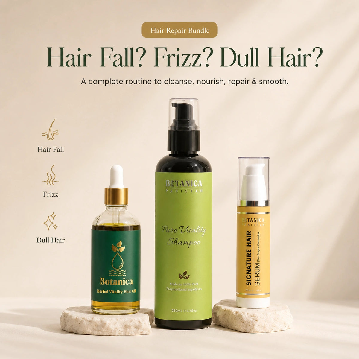Botanica 3-Step Hair Repair Bundle solution for hair fall, frizzy hair, and hard water damage.