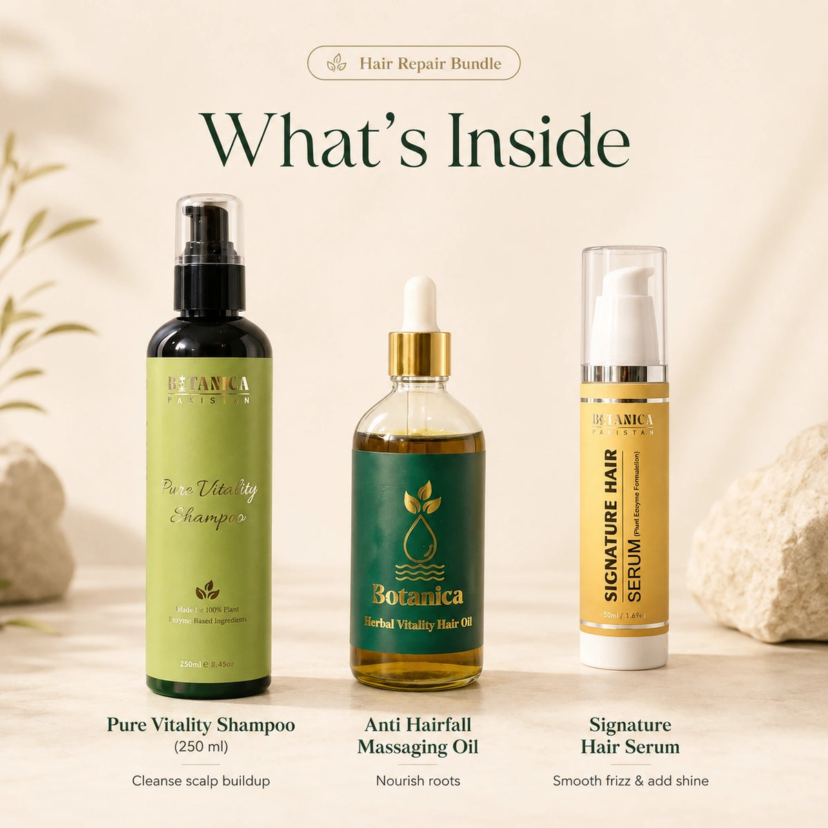 What's Inside Botanica Hair Repair Kit: Pure Vitality Shampoo, Herbal Hair Growth Oil, and Signature Hair Serum.