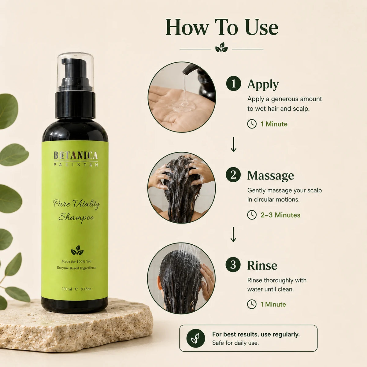 Botanica Parthena Pure Vitality Shampoo bottle shown beside a beige instructional graphic titled 'How To Use,' with three circular steps for applying, massaging, and rinsing the shampoo.
