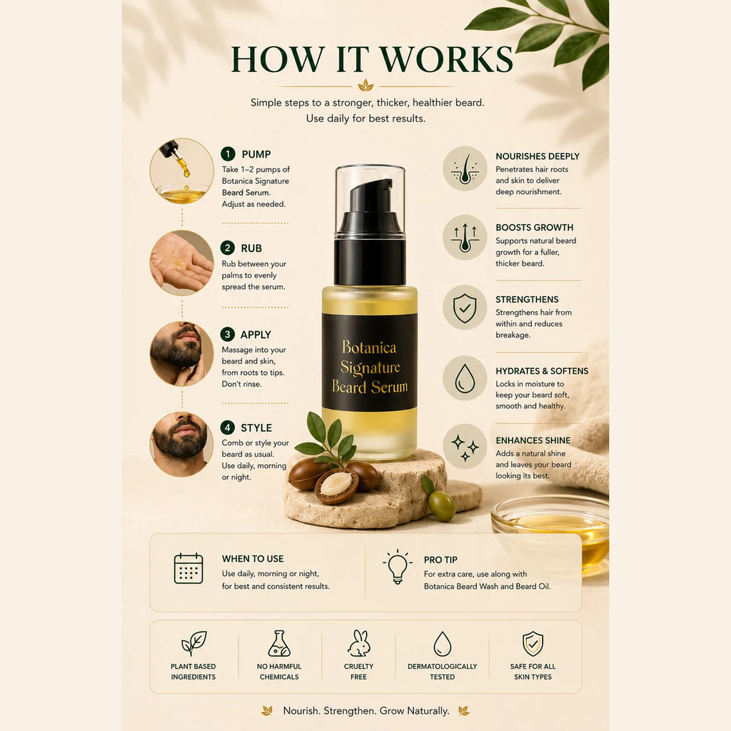 An infographic titled 'HOW IT WORKS' for Botanica Signature Board Serum, showing a bottle of the serum in the center with surrounding icons and photos illustrating application steps on a beard, plus text about deep nourishment, growth, strengthening, hydration, and shine.