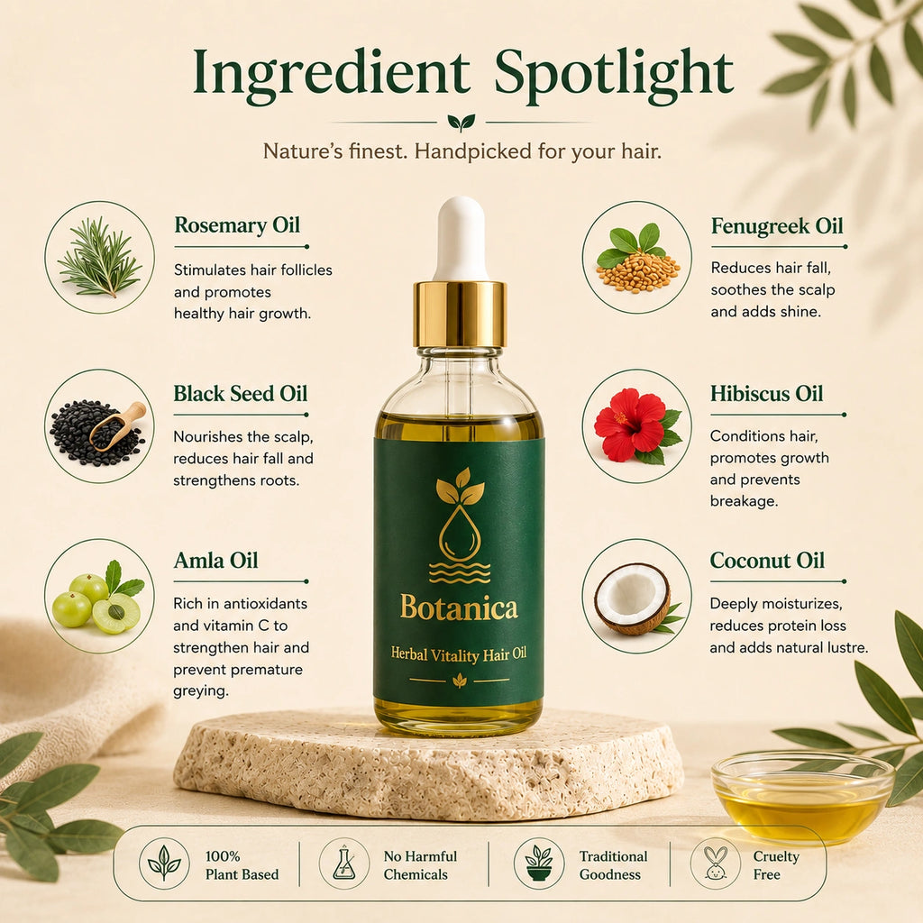 A bottle of Botanica Herbal Vitality Hair Oil centered on a beige promotional graphic with ingredient callouts around it. The bottle has a green label, gold dropper cap, and olive oil inside.