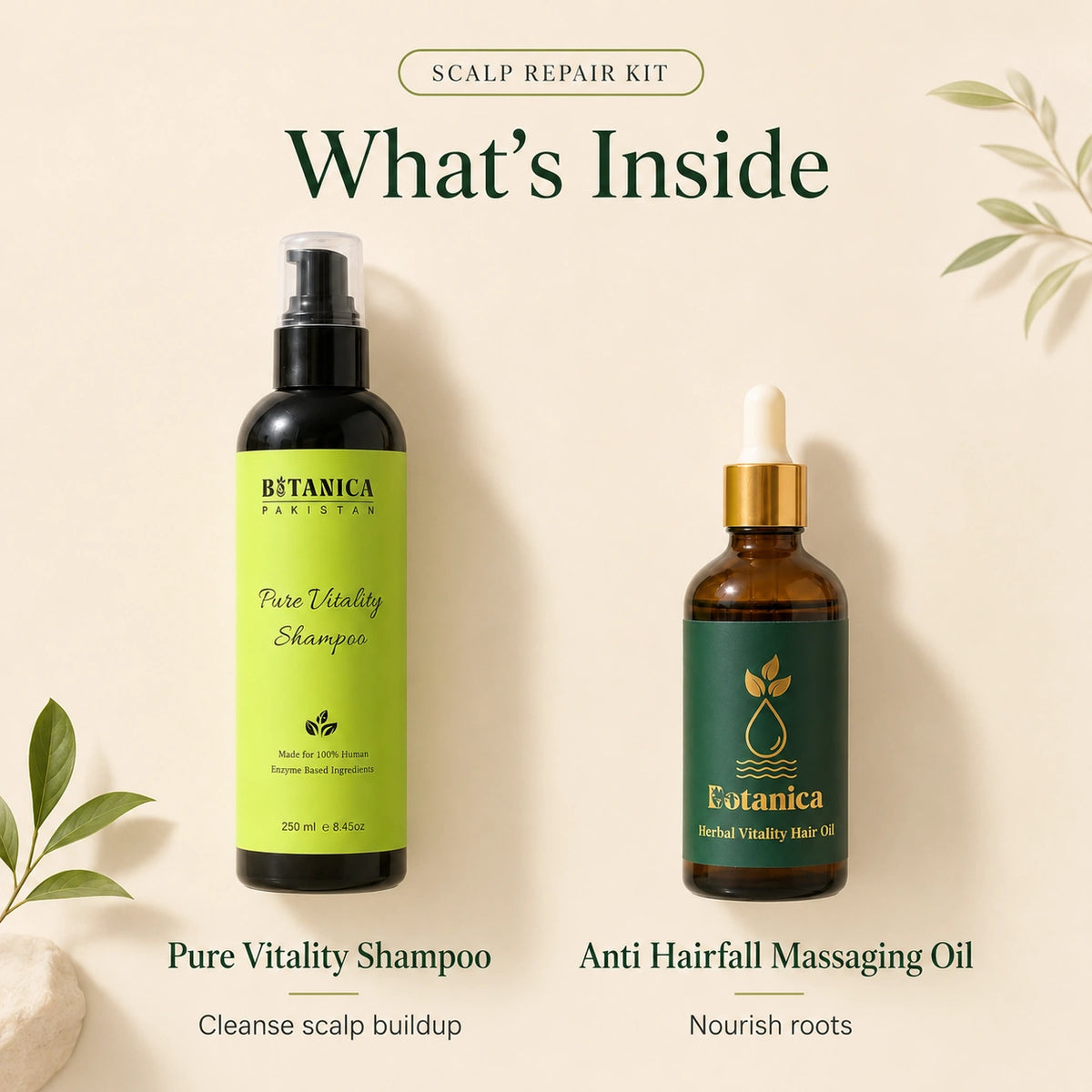 What's Inside Botanica Scalp Repair Kit: Pure Vitality Shampoo and Herbal Hair Growth Oil.