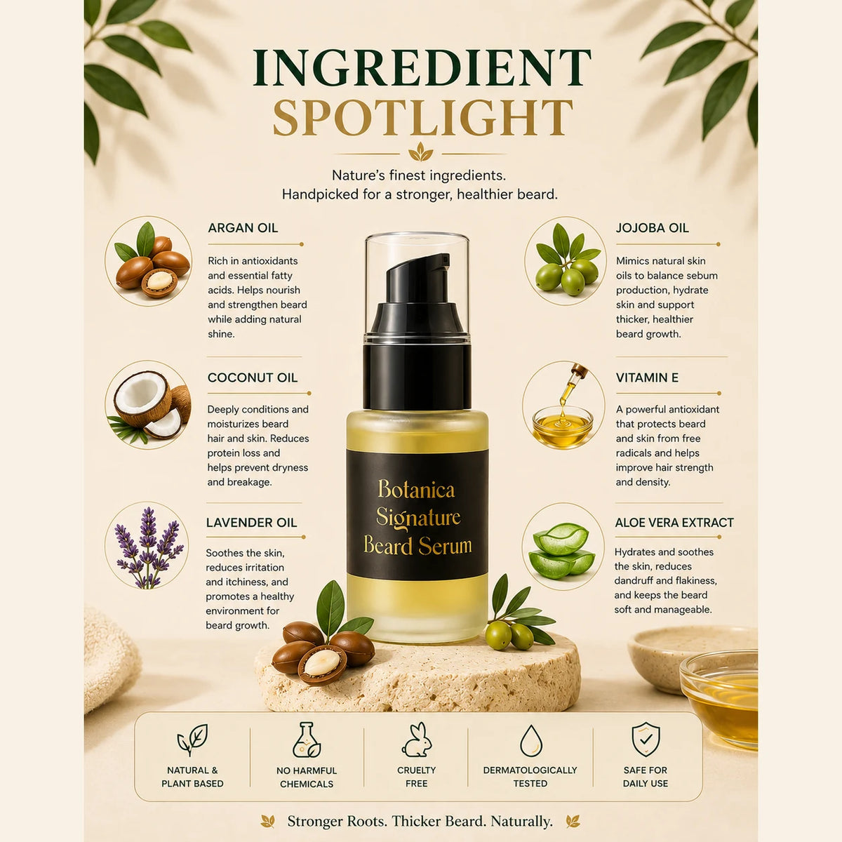 An infographic-style beauty poster titled 'INGREDIENT SPOTLIGHT' featuring a bottle of Botanical Signature Beard Serum in the center, surrounded by ingredient callouts including argan oil, jojoba oil, coconut oil, vitamin E, lavender, and aloe vera extract, with natural imagery and icons on a cream background.