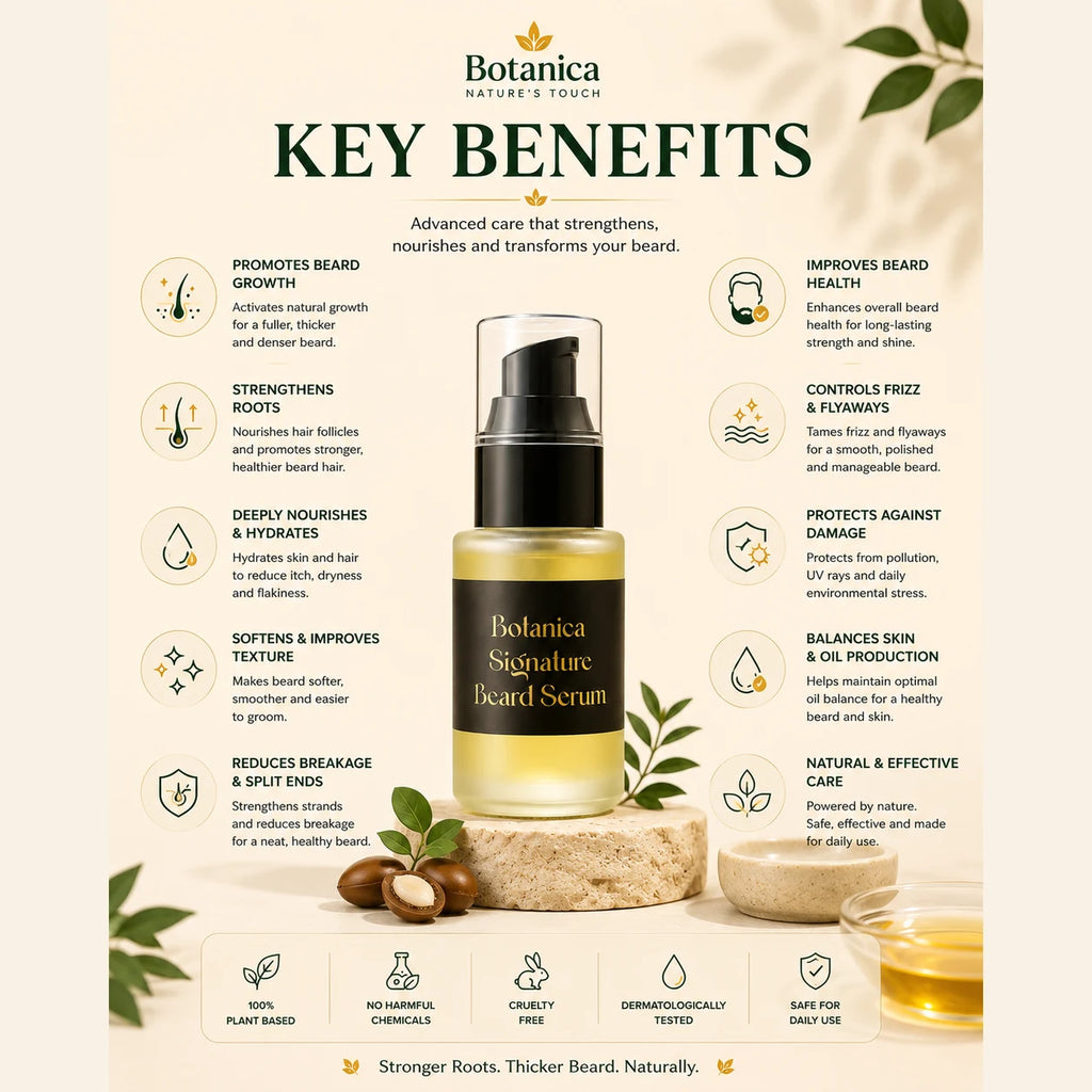 A product infographic for Botanica Signature Beard Serum titled 'KEY BENEFITS'. The central subject is a bottle of the golden-beige serum with a black dropper cap, surrounded by text callouts detailing its benefits such as promoting beard growth and strengthening roots.