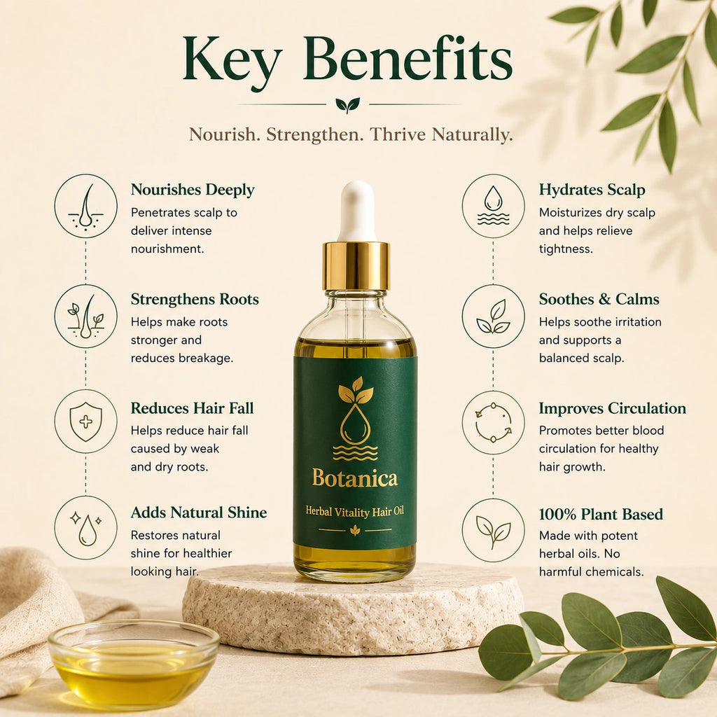 Botanica Herbal Vitality Hair Oil bottle centered on a beige promotional graphic with the heading 'Key Benefits' and benefit callouts around it. The bottle is a clear glass dropper bottle filled with golden oil, with a dark green label and gold cap.