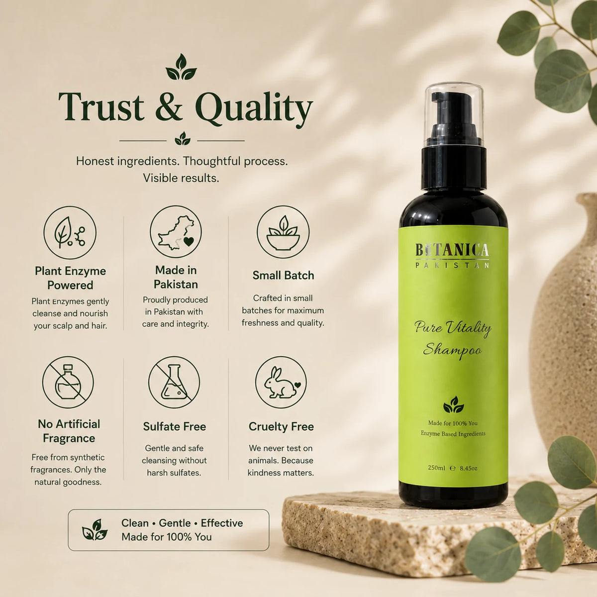 Botanica Pure Ideally Shampoo bottle displayed on a stone slab with decorative eucalyptus leaves and a ceramic vase, alongside a feature infographic detailing product benefits.