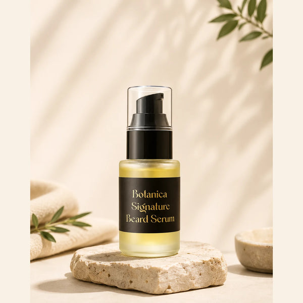 A bottle of Botanica Signature Beard Serum with a black pump and black label, set on a stone slab with neutral props in a warm, sunlit setting.