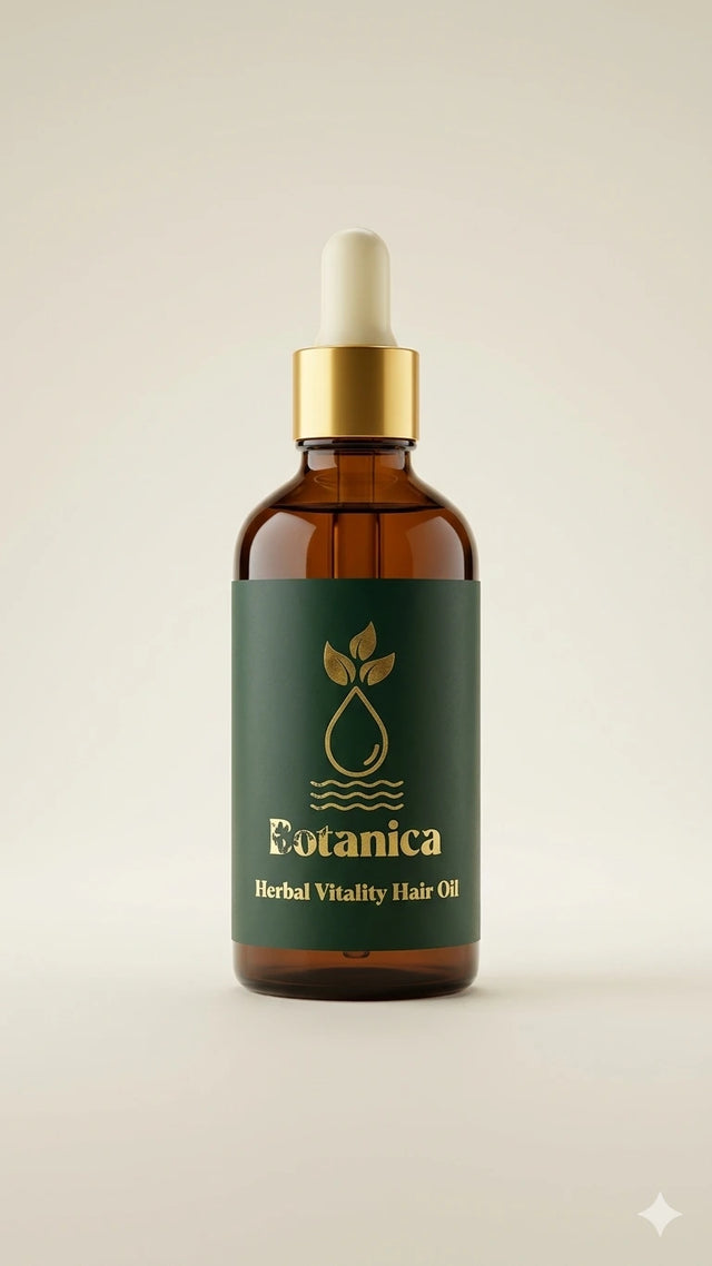Bottle of Botanica Herbal Vitality Hair Oil on a beige background