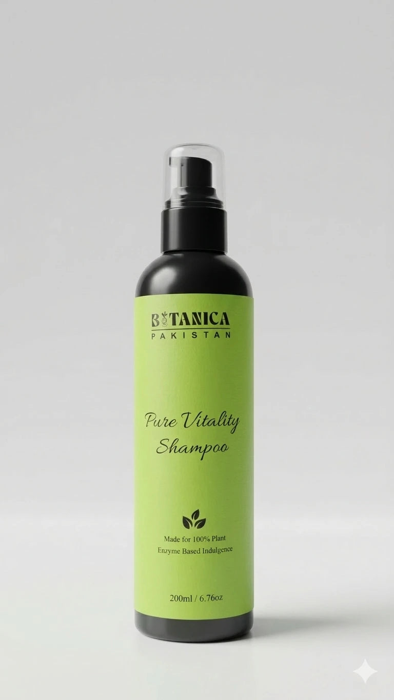 Bottle of Botanica Pakistan Pure Vitality Shampoo on a white background