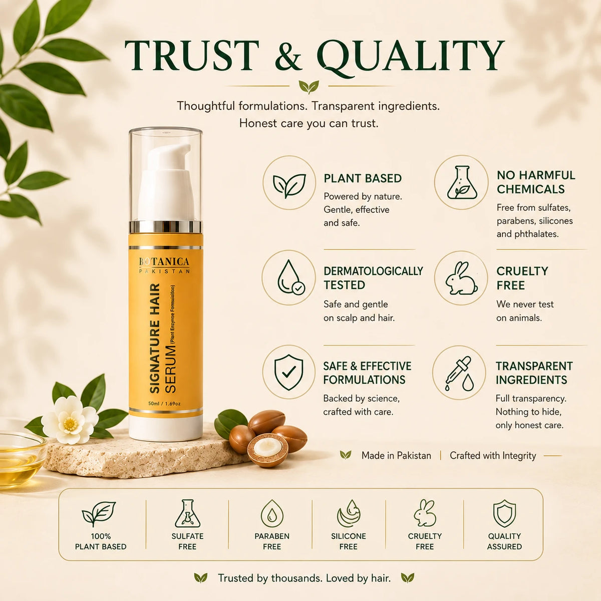 Taniga Signature Hair Serum bottle shown on a beige promotional background with leaf graphics, icons, and text highlighting product benefits such as plant-based formulation, no harmful chemicals, dermatologically tested, cruelty free, and transparent ingredients.