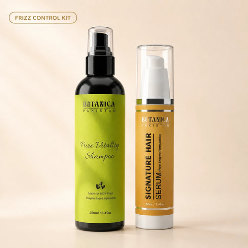 Botanica Frizz Control Kit featuring Pure Vitality Shampoo and Anti-Frizz Hair Serum.